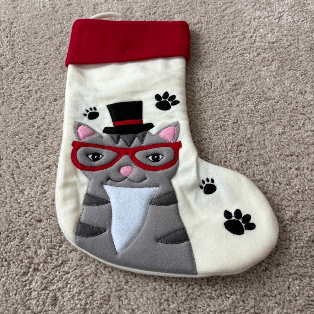 Cute Cat Christmas Stocking Red Hat Glasses Paw Prints Holiday‎ Decor